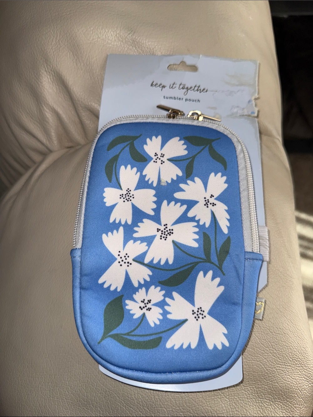 Floral Blue Tumbler Pouch with White Blossoms
